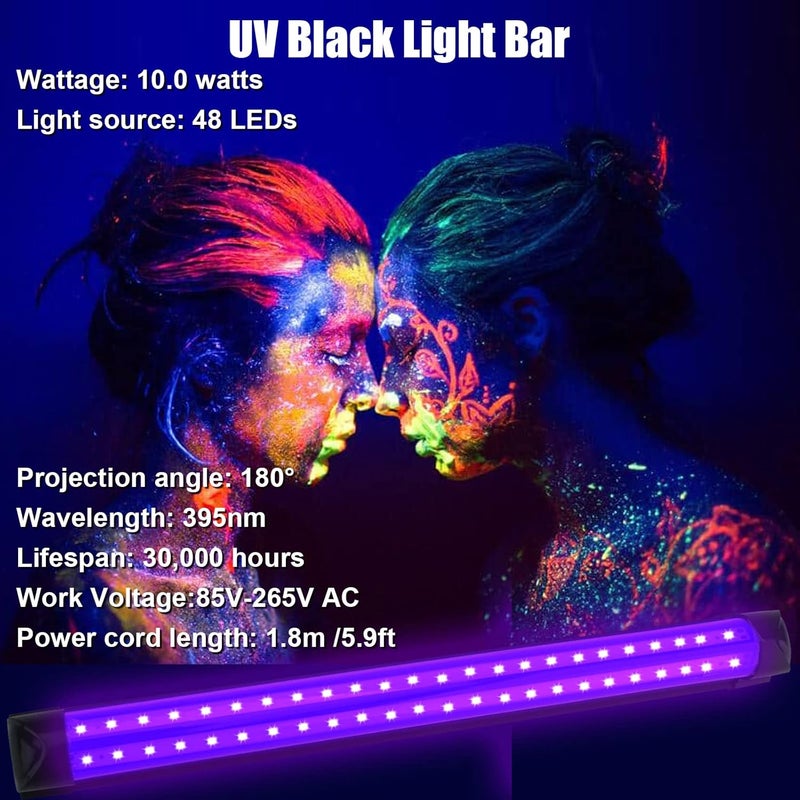 BOSITE 4 Pack 10W 48 LED Black Light Bars 1Ft 395-400nm UV Blacklight Tube with 5.9Ft Cord+Plug+Switch Linkable Black Light Fixtures for Bedroom Fluorescent Poster Body Paint Halloween Glow Party - Image 2